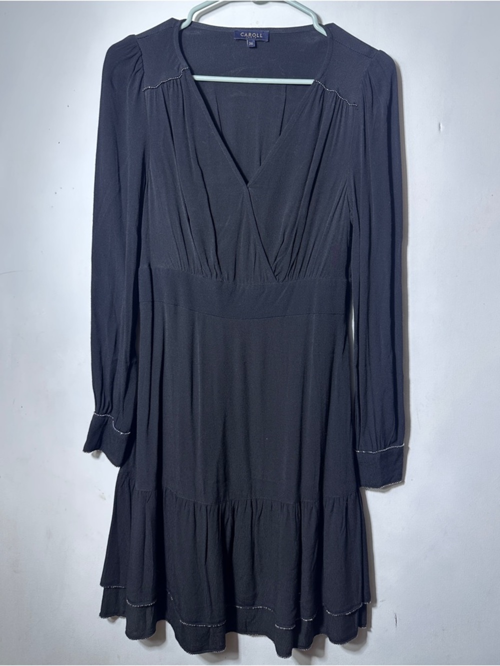 Caroll Paris Black Long Sleeve Wrap Tiered Dress with Contrast beaded hem